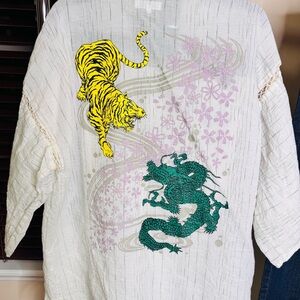 Vintage Japanese Tiger & Dragon Kimono Set - 2 piece top & pants, linen blend.